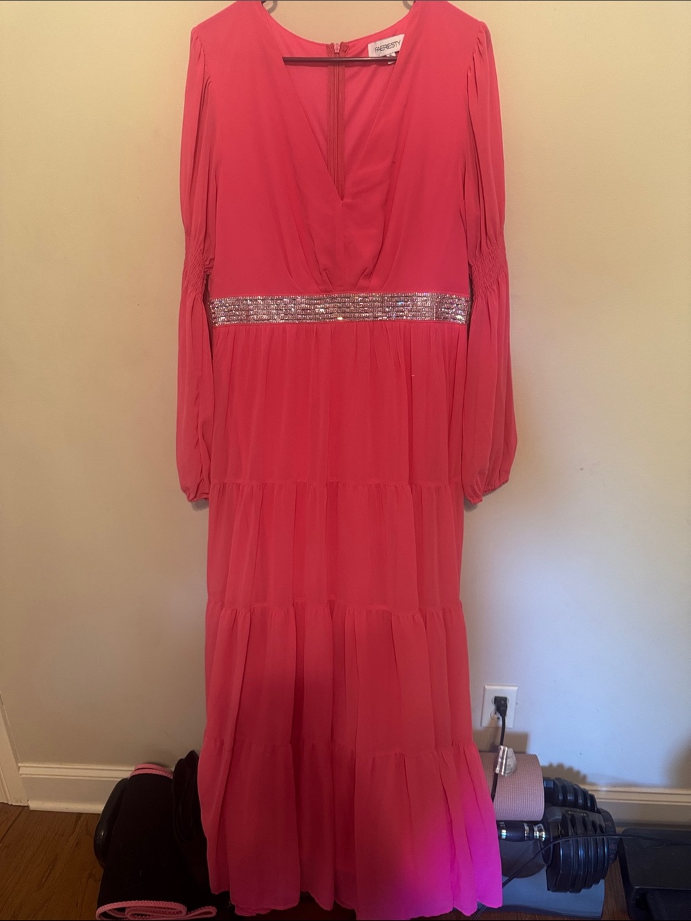 Amazon Coral Long Sleeve Maxi Dress with Sequin Waistband